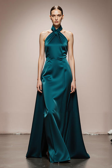 Dark Green Halter A Line Long Evening Dress